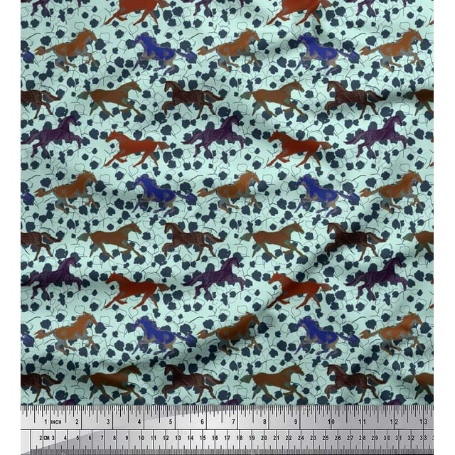 Soimoi Tissu Georgette Viscose Feuilles & Cheval Courant Imprimé Animal au Mètre 42 Pouces de Large