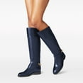 thumbnail image 4 of FSJ Women Classic Knee High Riding Flats Booties Round Closed Toe Back Gold Tone Chain Wide Calf Stacked Low Heel Pull On Shoes Size 8 Blue, 4 of 4