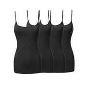Womens & Juniors Basic Solid Long Length Adjustable Spaghetti Strap Camisole Tank Top (4PK - Black/Black/Black/Black, S)