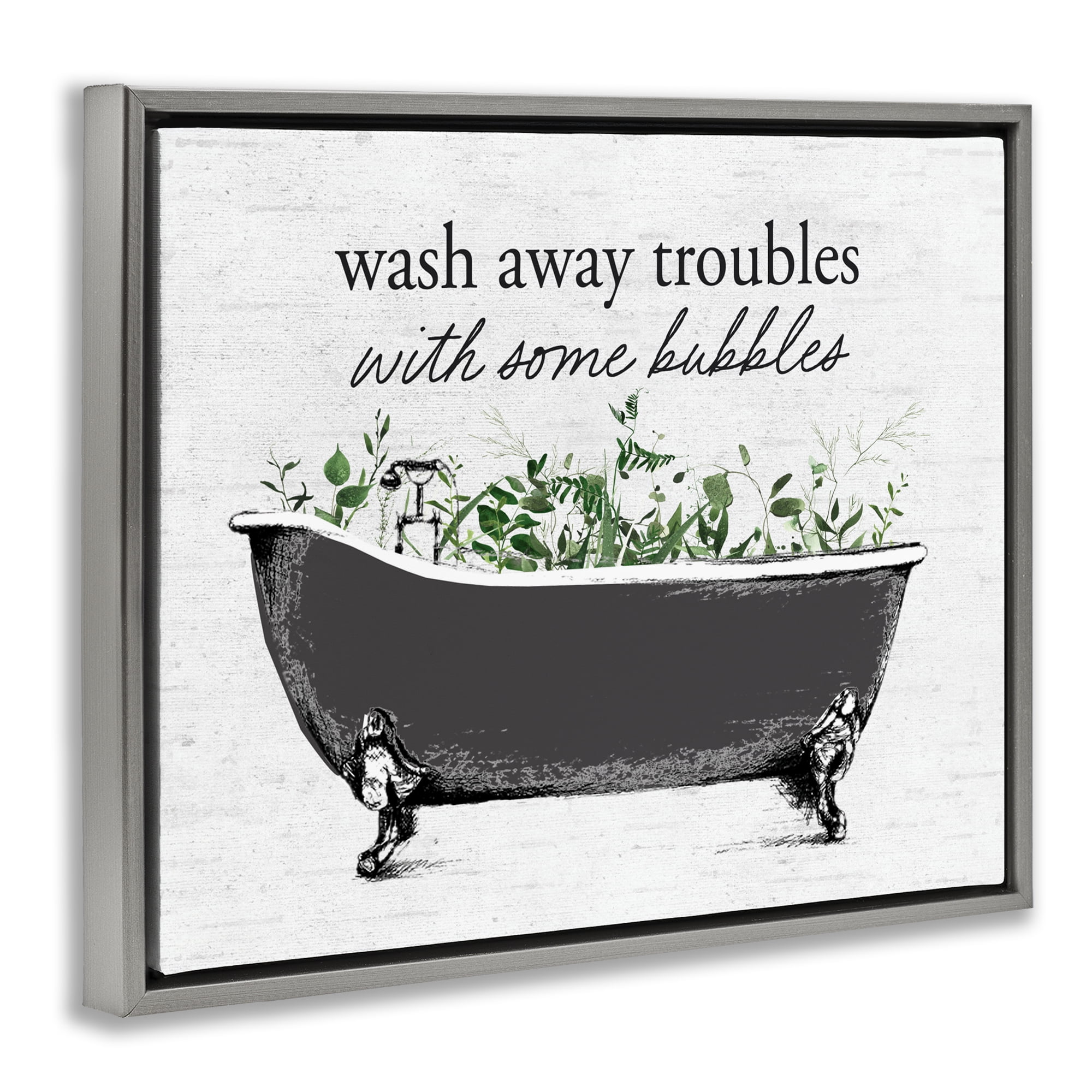 Comforting Bubble Bath Quote Gray Framed Floater Canvas Wall Art, design by Lettered and Lined