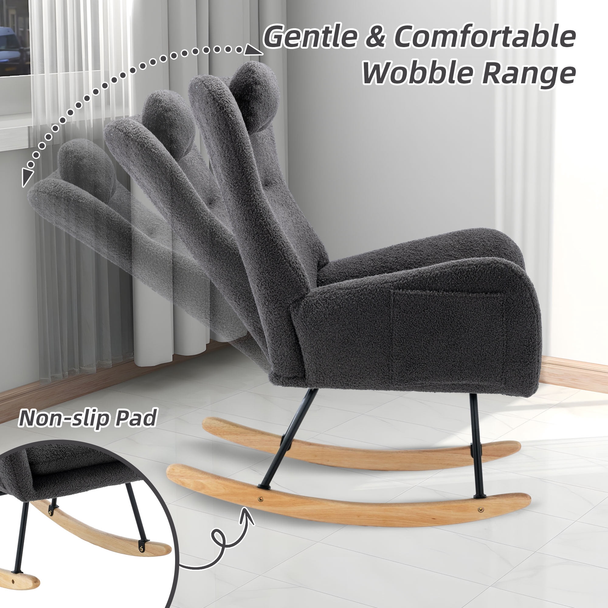 PAPROOS Modern Teddy Fabric Rocking Chair, Accent Rocker Chair with High Backrest for Nursery, Accent Glider Rocker for Living Room Bedroom Playroom，Gray