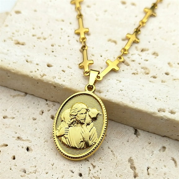 Christ God Jesus Sheep Medal Pendant Necklace for Women Men 14K Yellow Gold Golden Color Male Cross Chain Jewelry collar hombre