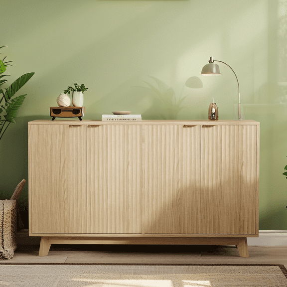 Luku Mid Century Modern Fluted Accent Buffet Cabinet, 55" Sideboard with 4 Doors, Adjustable Shelves, Console Storage Table for Living Room, Kitchen, Entryway