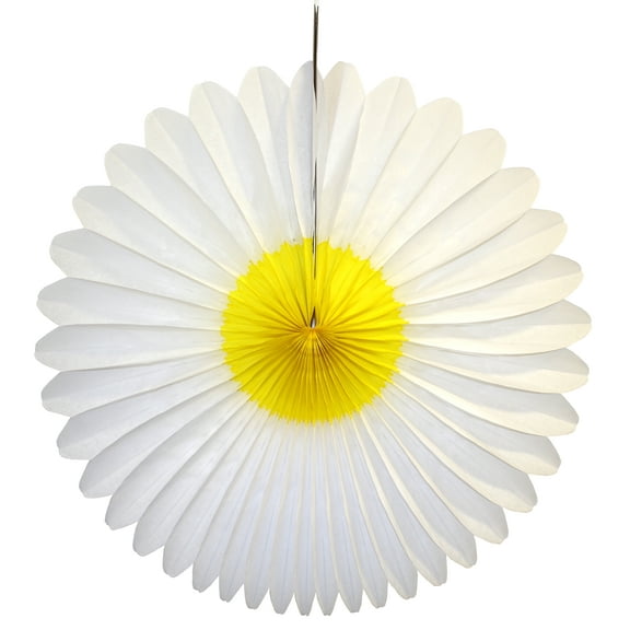 3-pack Devra Party 20 Inch Tissue Paper Daisy Flower Fan Decoration, White and Yellow
