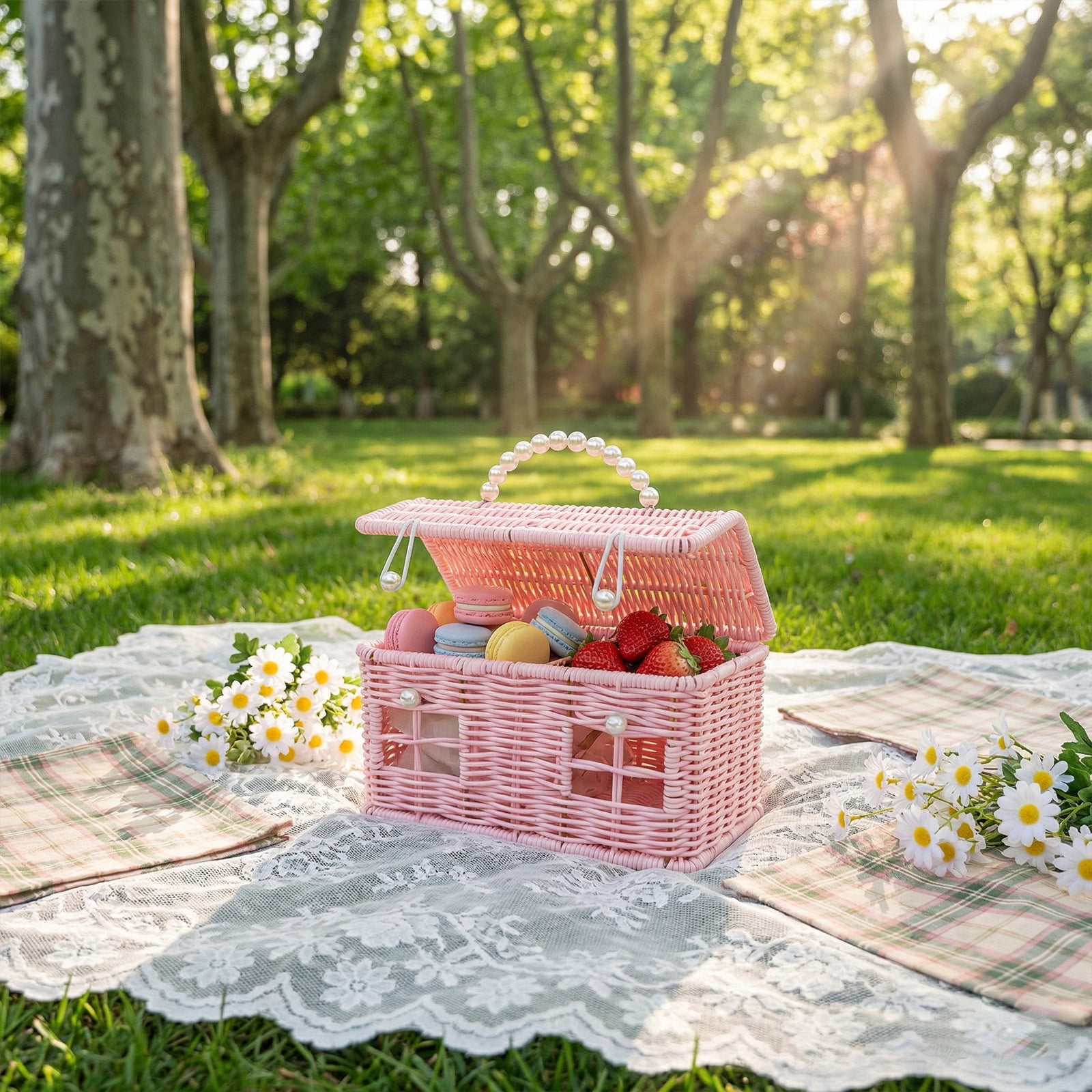 9.3'' Easter House-Shaped Rattan Gift Basket with Lid - Whimsical Woven Picnic & Harvest Basket with Handle, Charming Fairy Cottage Storage for Easter Eggs, Toys, and Spring Holiday Decor(Pink)