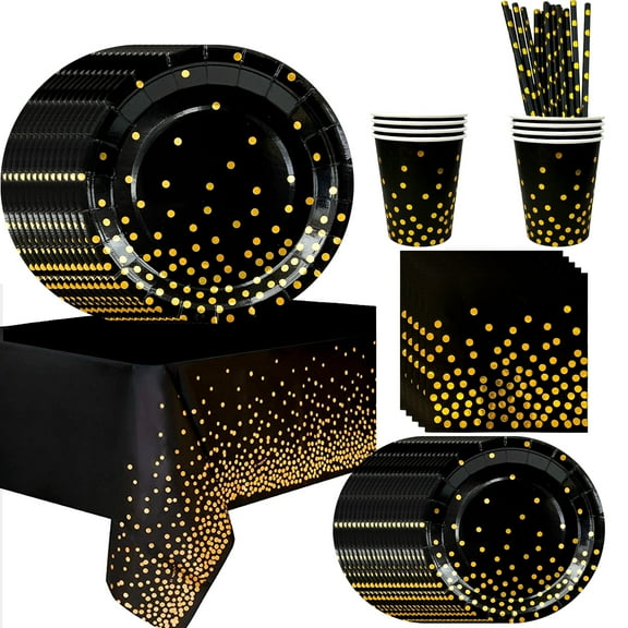 Black and Gold Party Supplies Decorations Tableware,121pcs Black Gold Polka Dot Tableware Set - Black and Gold Paper Plates&Black Golden Dot Paper Cups&Black and Gold Straws,Serves 24