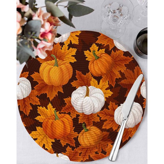 13 Inch Round Placemats Set of 6, White Pumpkin Fall Non Slip Heat Insulation PP Table Mats, Thanksgiving Maple Leaves Farmhouse Washable Place Mats for Kitchen Dining Party Table Decor