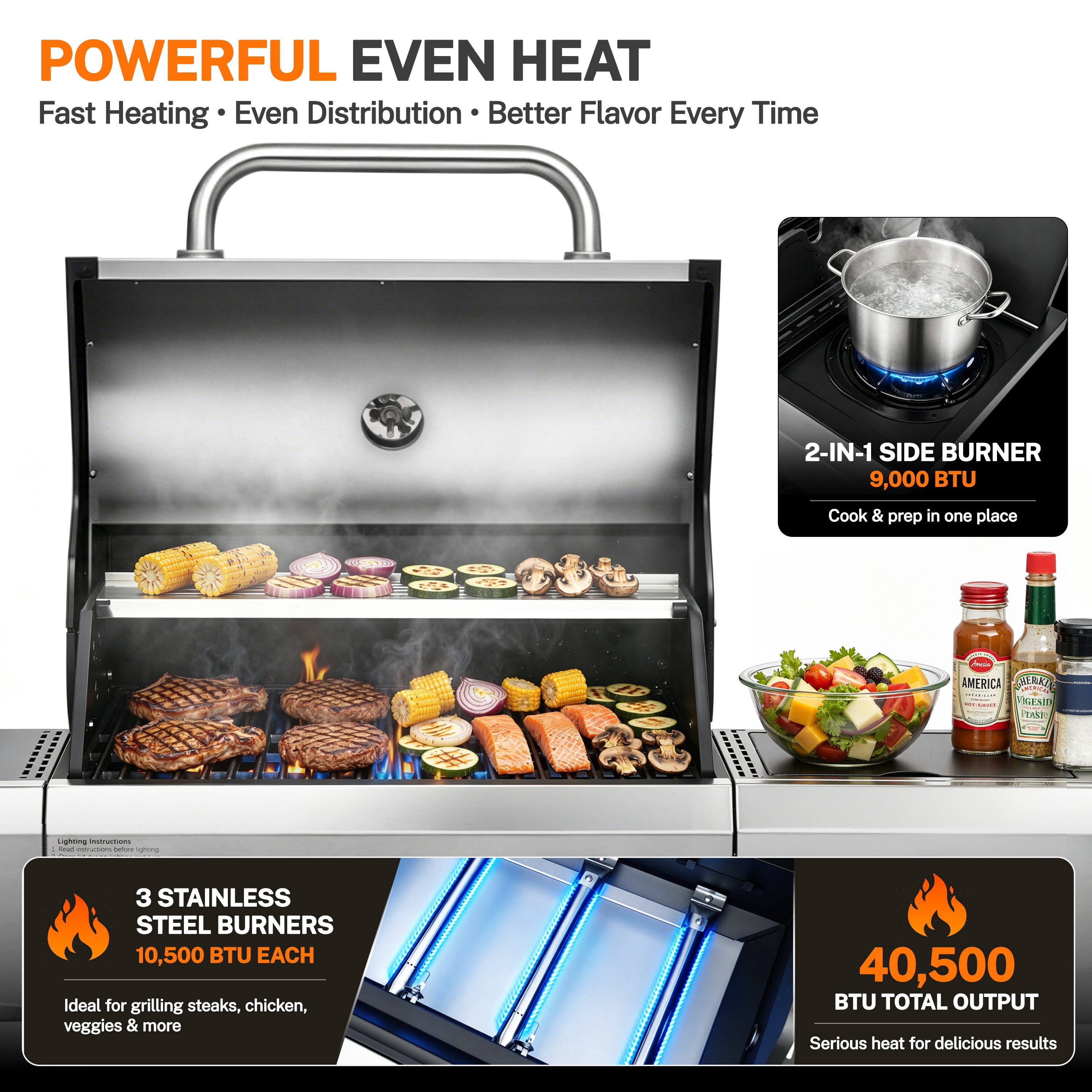 Segmart 3 Burner BBQ Propane Gas Grill with Side Burner, Stainless Steel 40,500 BTU Patio Garden Barbecue Grill with Wheels, and Bottle Opener, Perfect for Camping, Outdoor Cooking