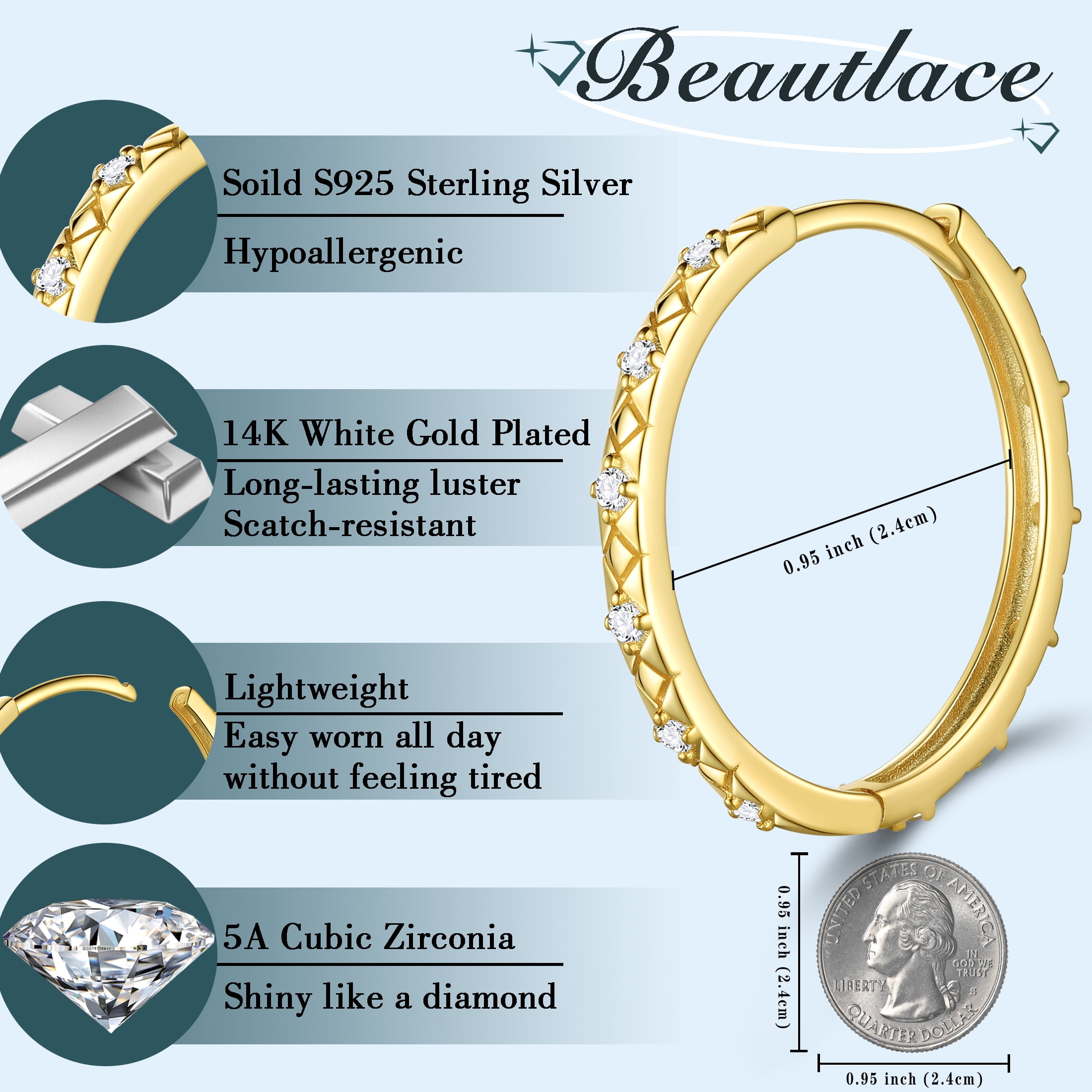 Beautlace 14K Gold over 925 Sterling Silver Hoop Earrings for Women, 24mm Filigree Design with 5A Cubic Zirconia Earrings Hoops Christmas Birthday Jewelry Gift for Her