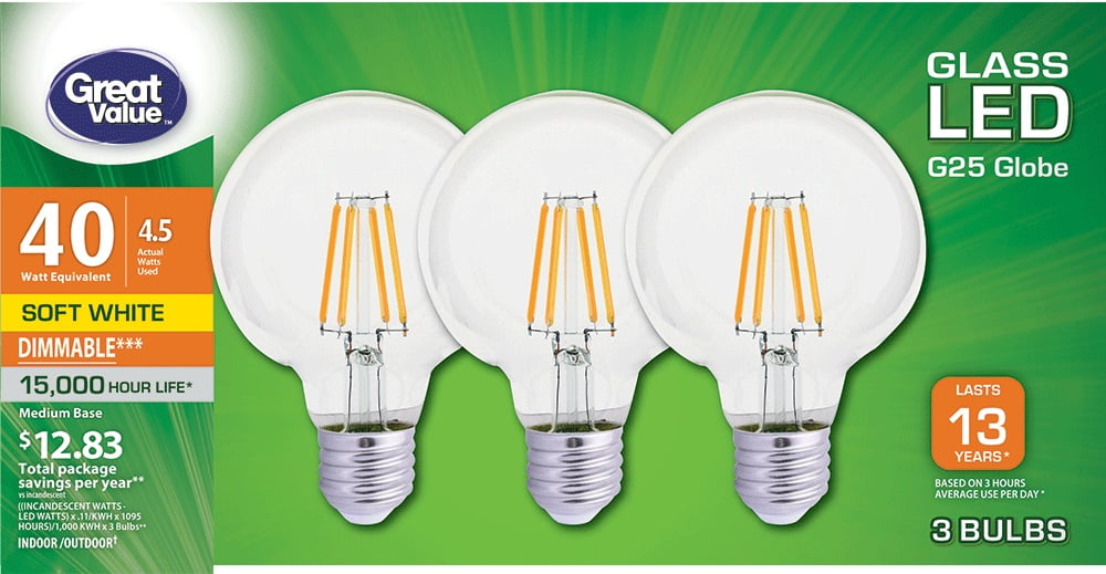 Great Value LED Light Bulb G25 40W Eqv. 3 Pack, Soft White