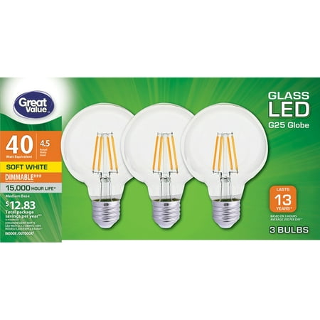 Great Value LED Light Bulb G25 40W Eqv. 3 Pack, Soft White CA