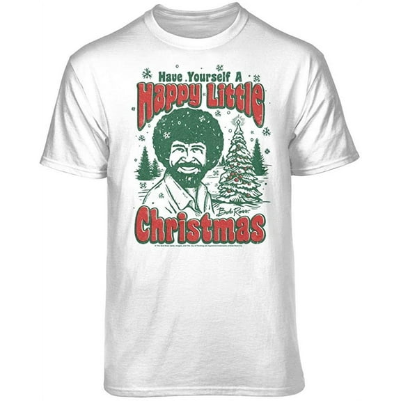 Teelocity Bob Ross Happy Little Christmas White Short Sleeve Graphic Tee