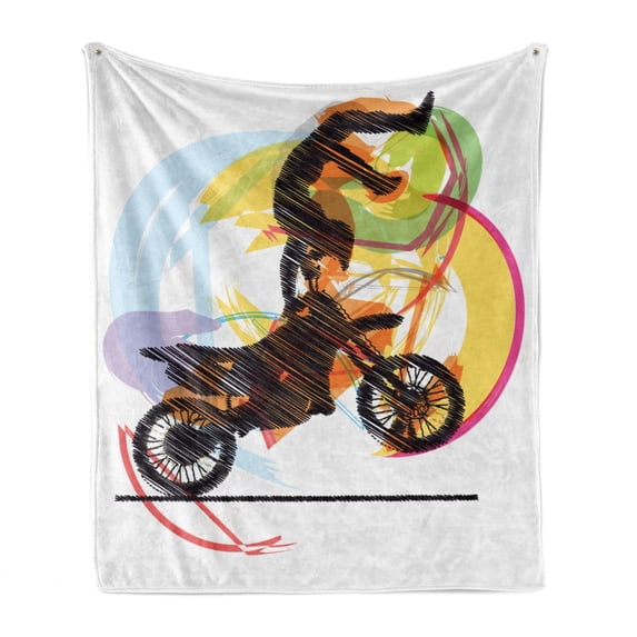 Motorcycle Soft Flannel Fleece Blanket, Sketch of Biker Performing Image on Abstract Colorful Background Modern Print, Cozy Plush for Indoor and Outdoor Use, 50" x 60", Black Yellow, by Ambesonne
