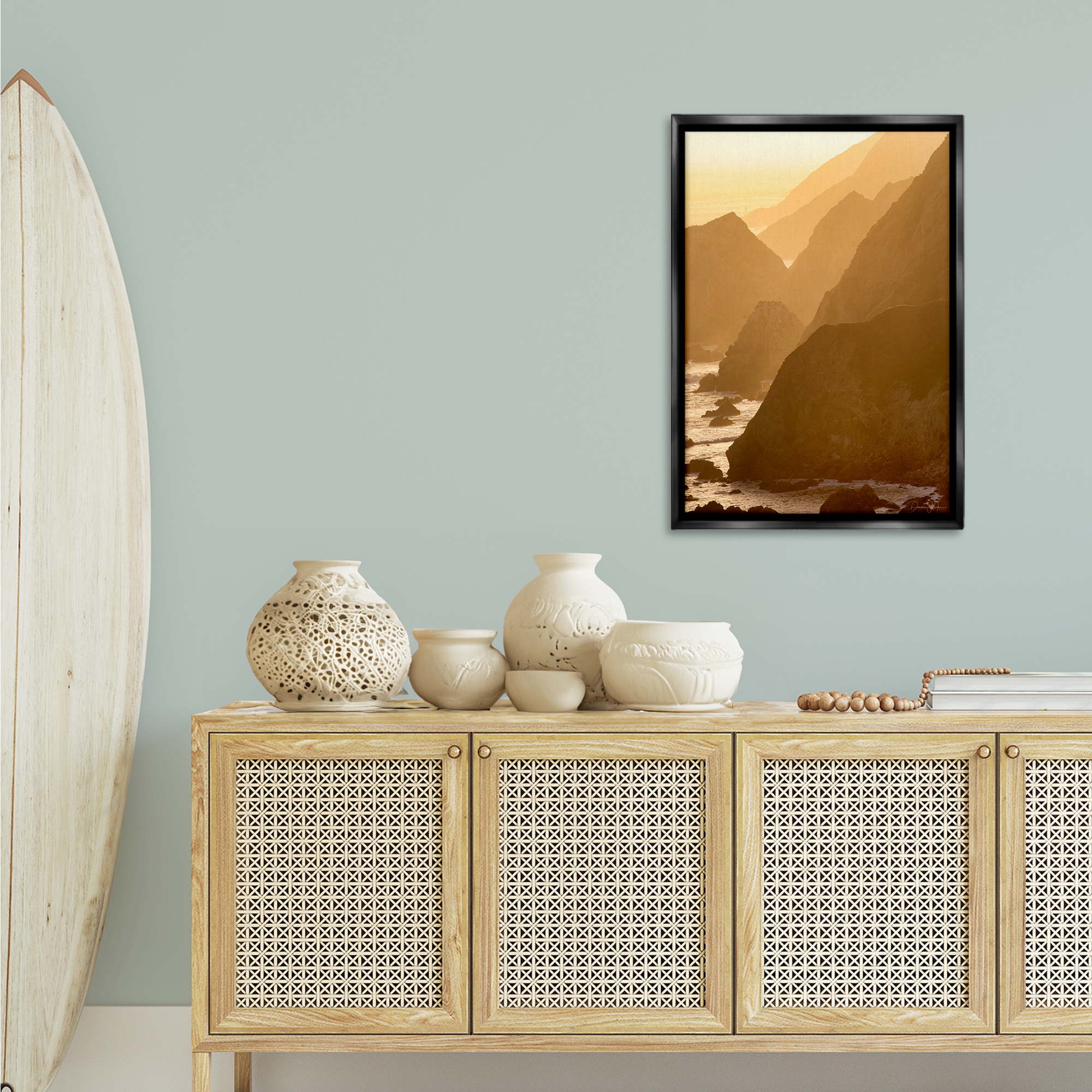 Stupell Industries Rocky Cliffs by Beach Landscape Photography Black Floater Framed Canvas Art Print Wall Art, 21 x 31