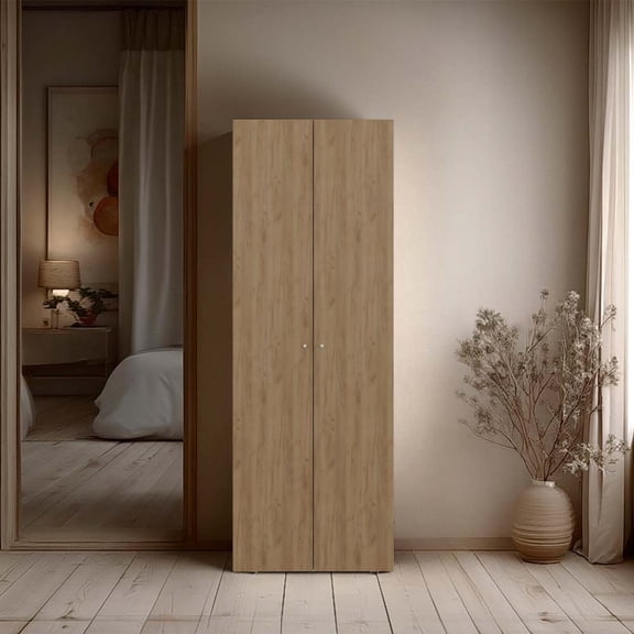 Natural Oak Finish 2 Door Tall Wardrobe Cabinet Particle Board Hanging Clothes Storage Organizer for Bedroom