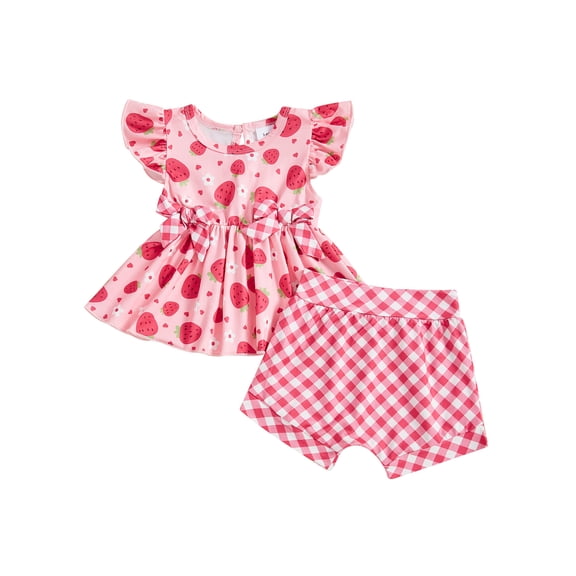 Kids Toddler Girls Shorts Set, 6 12 18 24 Months 2T 3T Fly Sleeve Bunny Clover Print Tops with Plaid Shorts Summer 2-piece Outfit