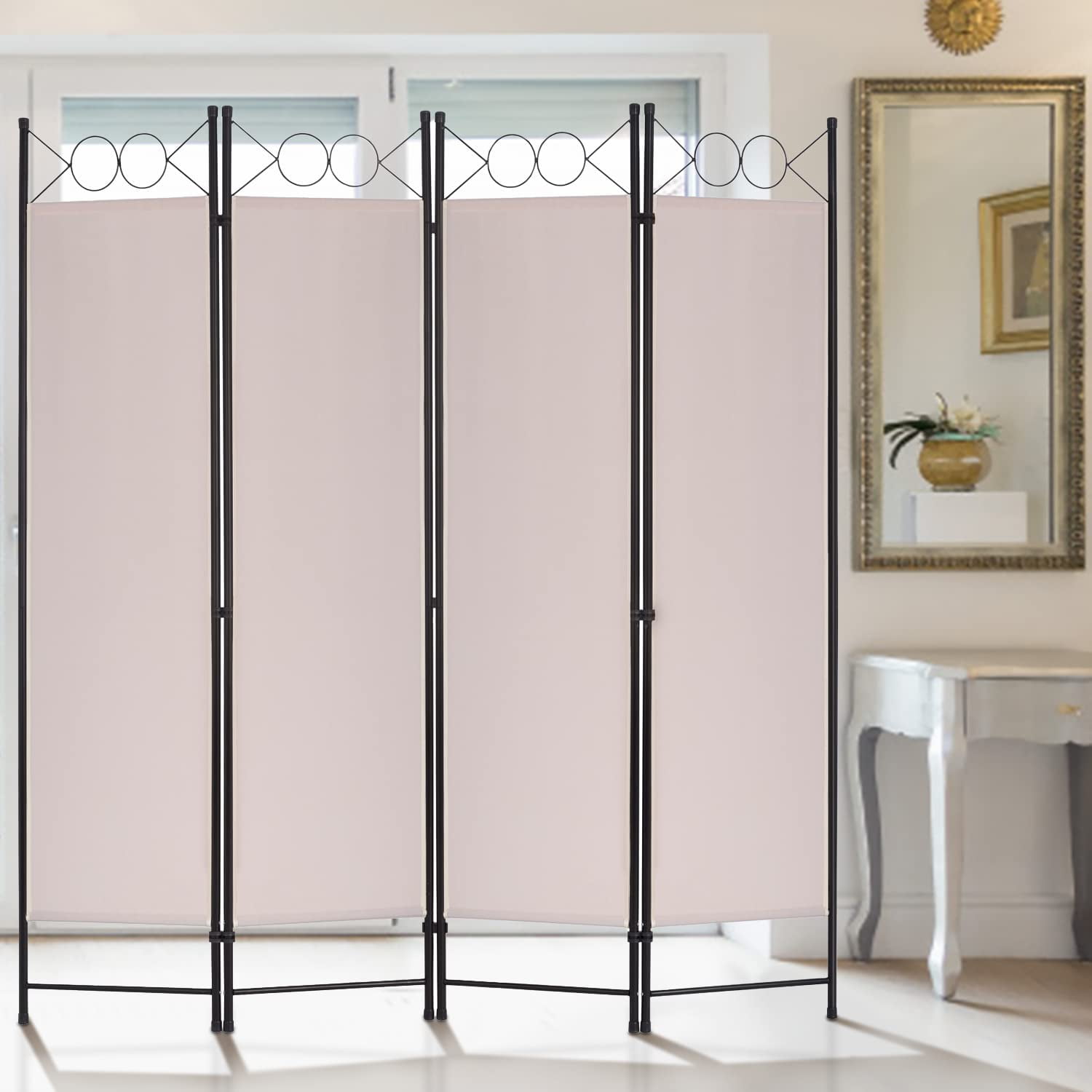 Room Dividers Folding Privacy Screen with 4 Panels Steel Frame Living Room Divider For Living Room,Office Use, Tan