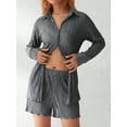 thumbnail image 2 of Honganda Women Casual 2 Pcs Clothes Set Solid Color Ruched Long Sleeve Button Down Shirts with Shorts Suit, 2 of 7