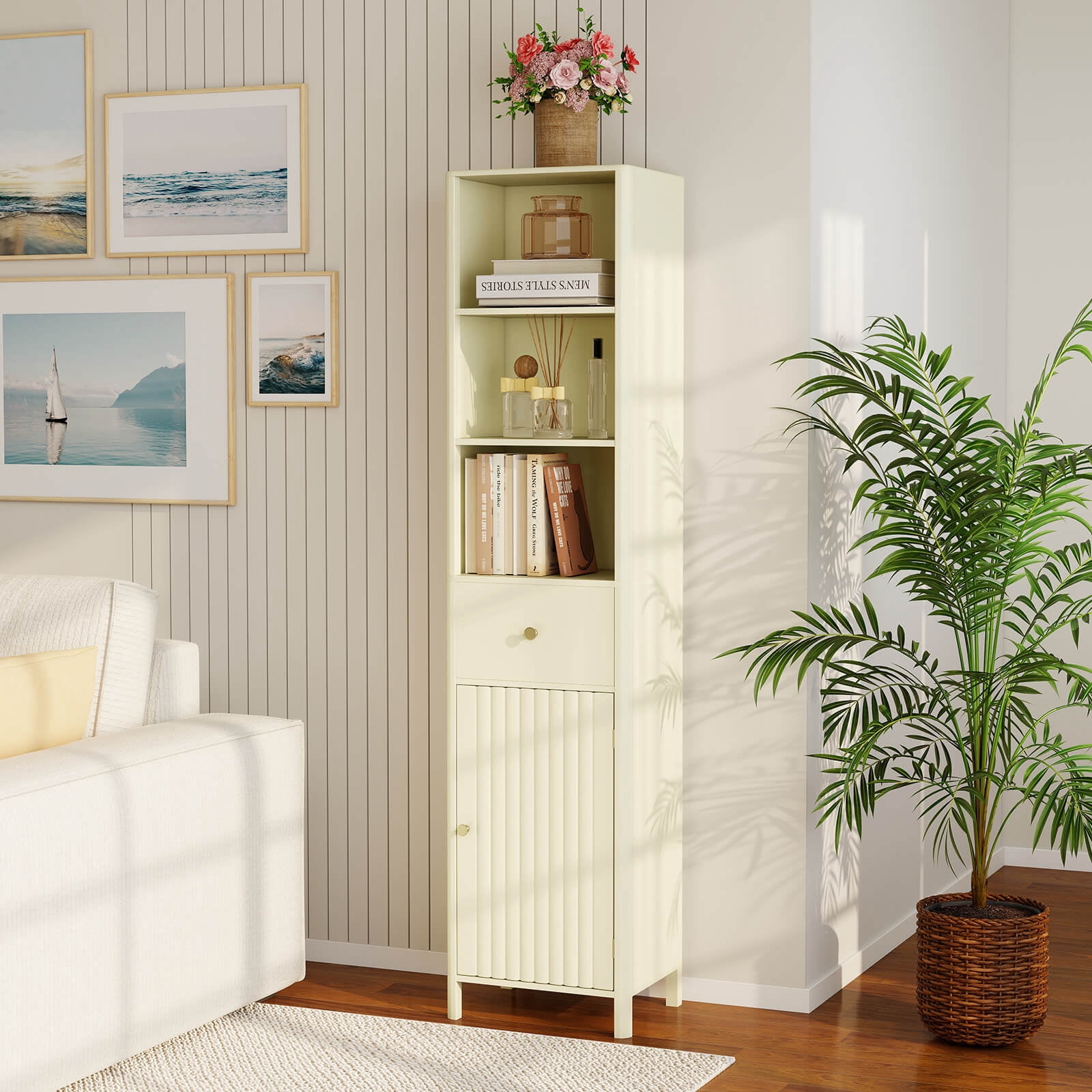 Costway 67” Tall Bathroom Cabinet with 3 Open Shelves, 1 Drawer, Adjustable Interior Shelf Off-white