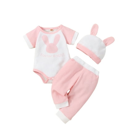 

Gupgi Easter Baby Girl Boy Clothes Set Cute Rabbit Letter Pirnt Patch Short Sleeve Romper Pants Ears Hat Outfits