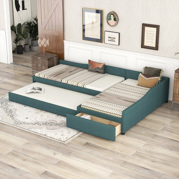 Green Upholstered Daybed - Double Twin Size with Trundle & Drawer, Linen Details, Functional Design