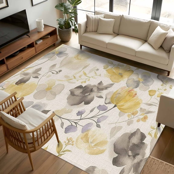 8x10 Area Rugs Yellow Grey Botanical Non-Skid Rubber Backing Large Rectangle Rugs - Living Room Bedroom Home Office, Spring Floral Watercolor Rustic Indoor Floor Mat Carpets Washable Rug