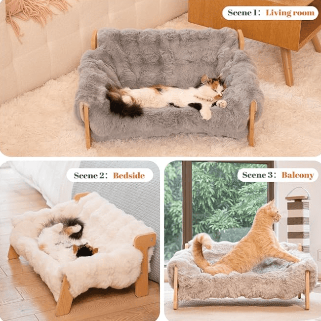 CheerPals Elevated Cat Couch Bed for Indoor, Wooden Cats Sofa with Fluffy Cover Raised Kitty Lounge Chair Suitable for Puppy(Grey)