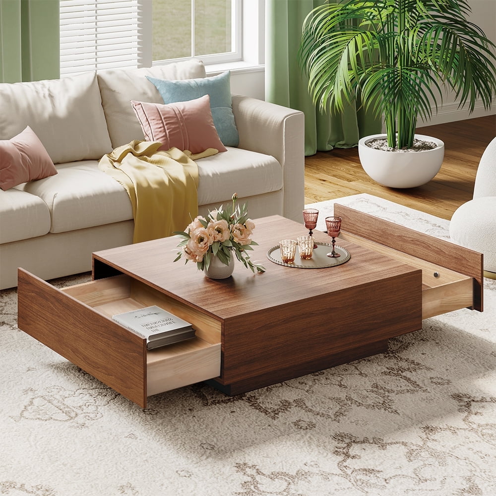 POVISON Mid Century Modern Coffee Table, Minimalist Wood Veneer Coffee Table with Storage for Living Room, Fully-assembled, 35.43'', Brown