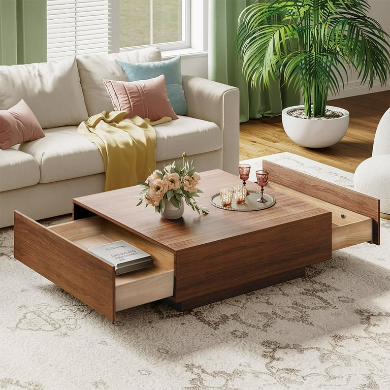 Povison Mid Century Modern Coffee Table Minimalist Wood Veneer Coffee Table with Storage for Living Room Fully Assembled 35.43 Brown