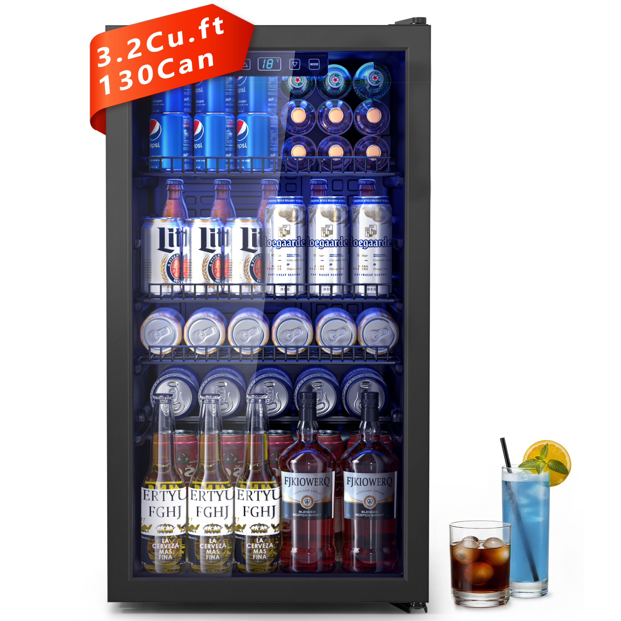 Nepsam 130 Can Beverage Refrigerator Cooler 3.2 Cu.ft Mini Fridge with Glass Door & Adjustable Shelves, for Home/Office/Bar