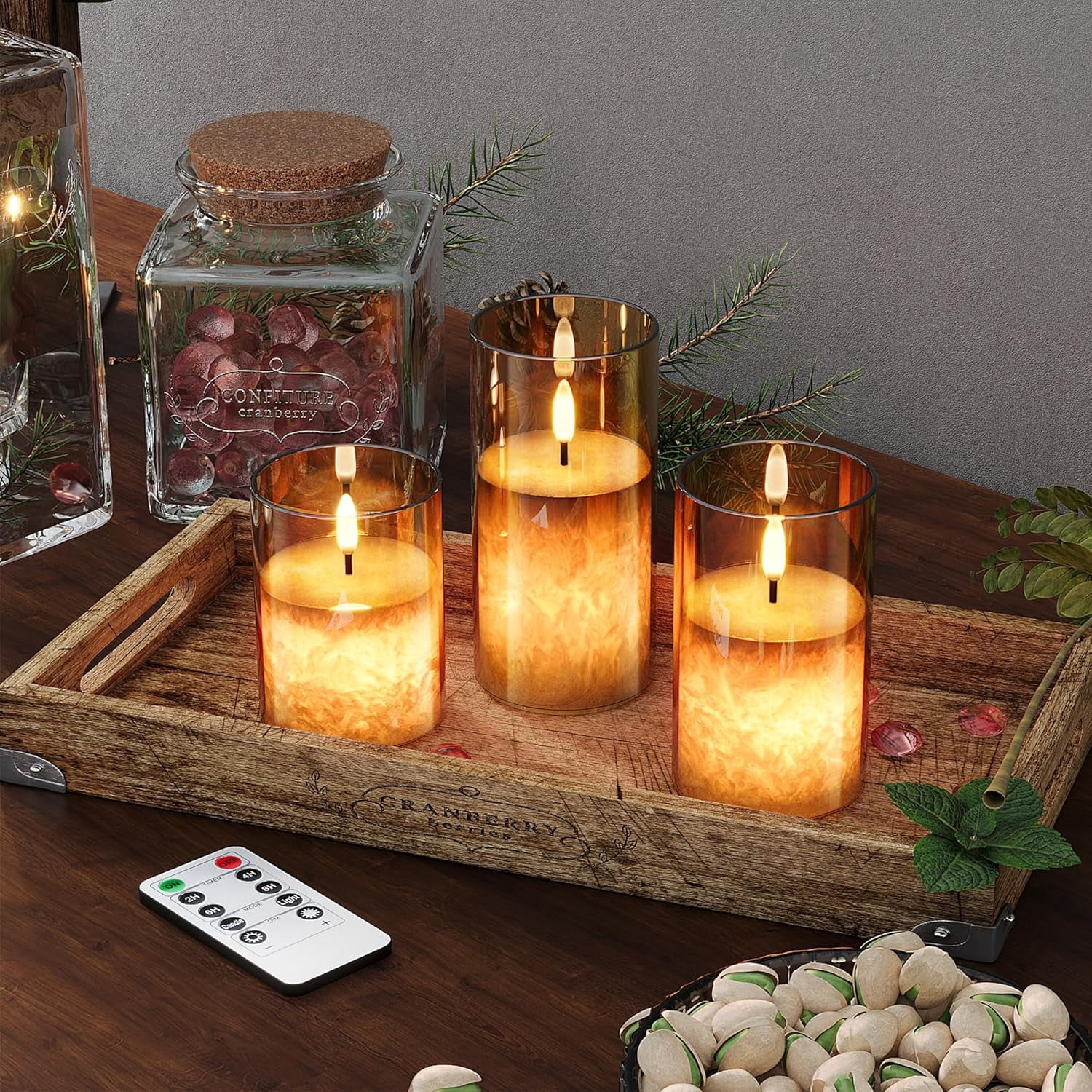 Ice Crystal Real Wax Glass Flameless Candles with Remote & Timer, Battery Operated Candles with Warm Flickering Flame, Realistic LED Candle for Wedding Home Decor [D3×H4/5"/6"] Gold, 3Pack