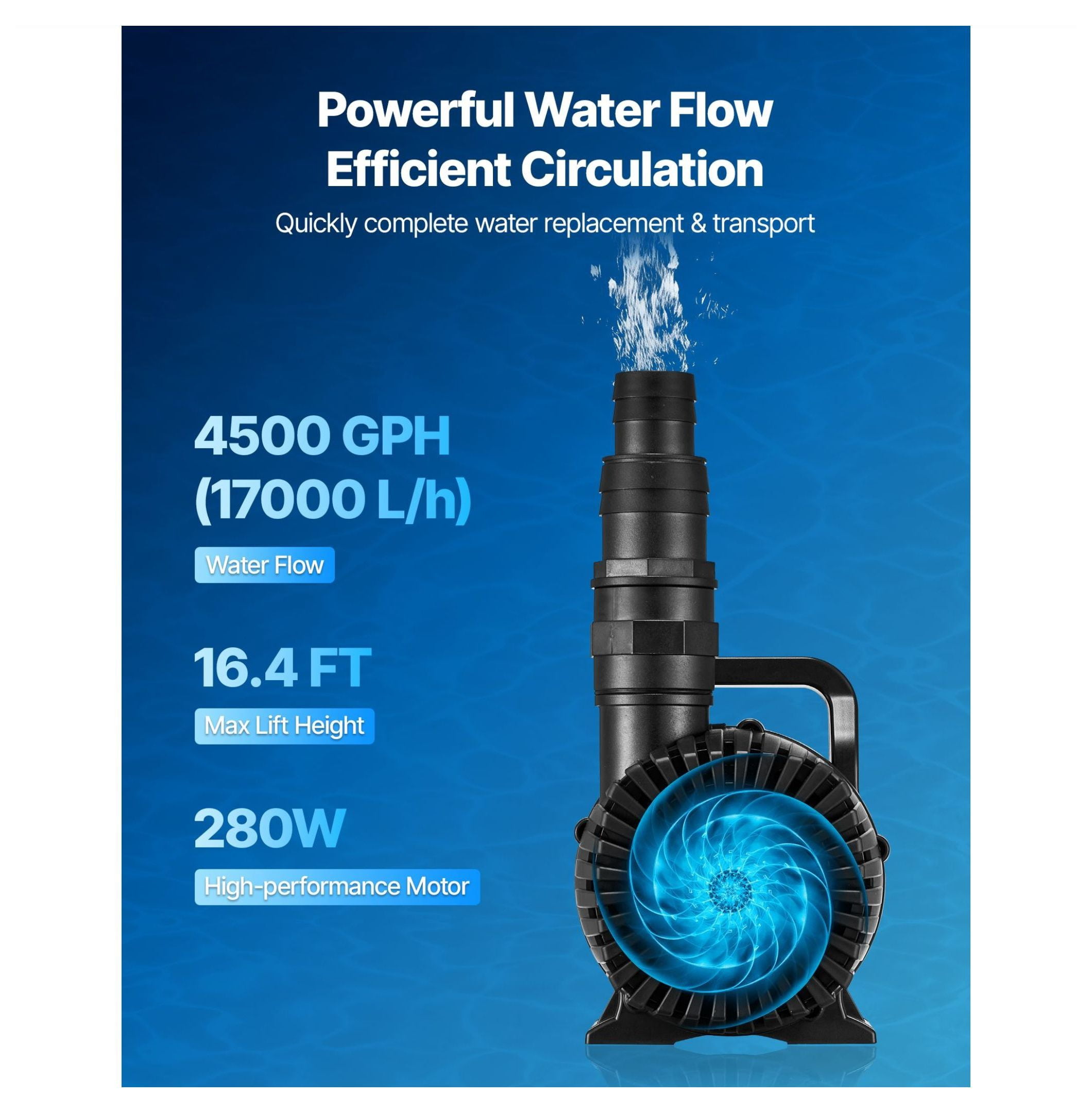 Submersible Water Pump 4500 GPH, 280W Aquarium Pump with 16.4ft Lift, Adjustable Flow, for Pond, Fountain, Waterfall, Fish Tank