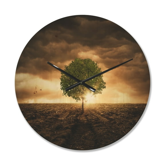 Designart 'Lonely Tree under Dramatic Sky at Evening Glow' Modern Wood Wall Clock