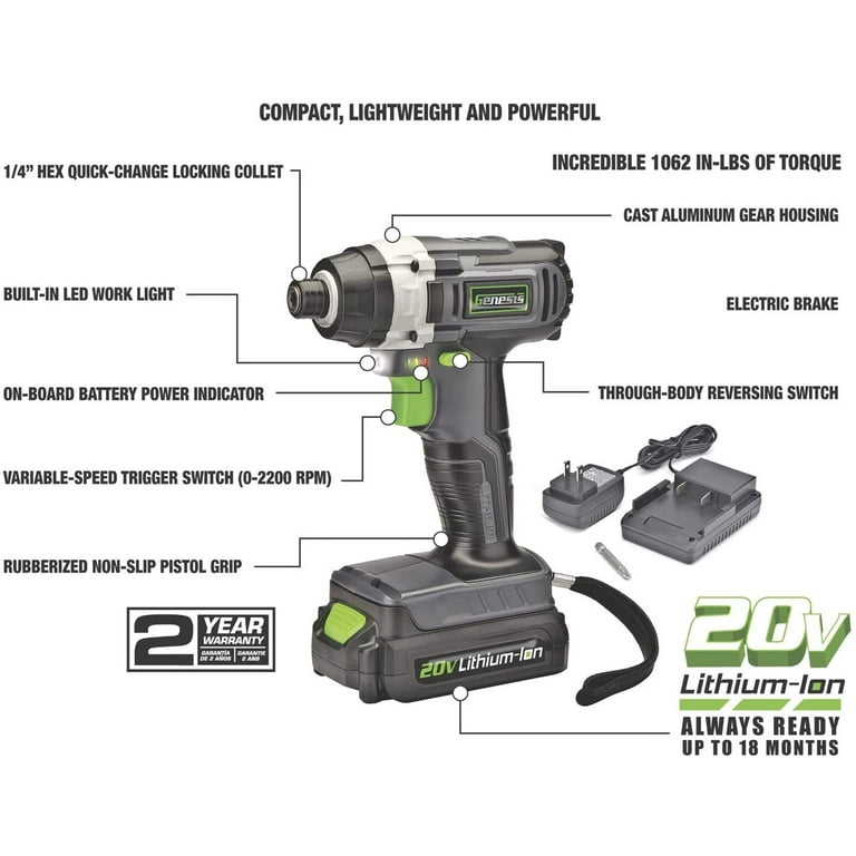 20-Volt Lithium-ion Cordless Quick-Change Impact Driver with Light, Power Indicator, Charger, Battery and Bit 20-Volt Lithium-ion Cordless Quick-Change Impact Driver with Light, Power Indicator, Charger, Battery and Bit