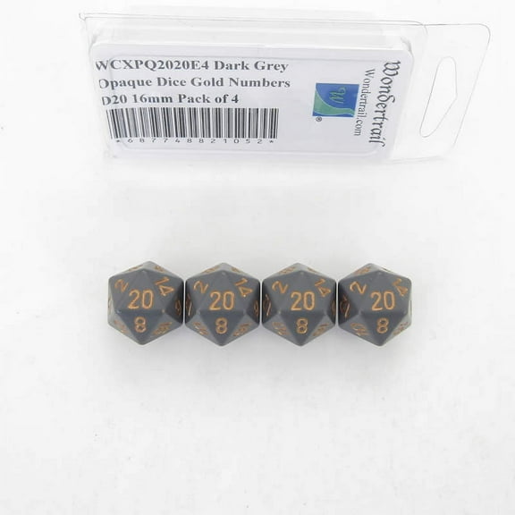 Dark Grey Opaque Dice with Gold Numbers D20 Aprox 16mm (5/8in) Pack of 4 Wondertrail