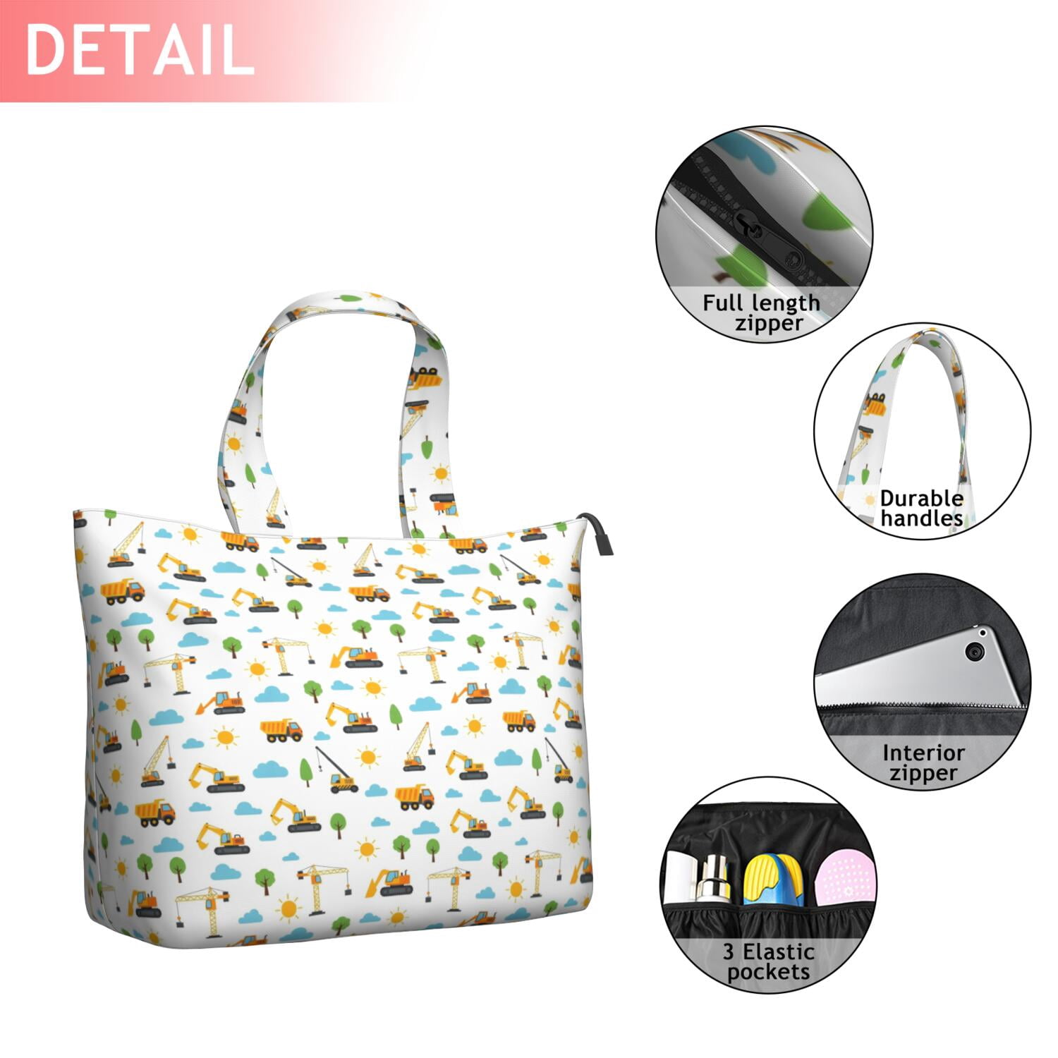 Cartoon Construction Vehicles Suns Travel Tote Bags for Women Carry On,Large Weekender Bags for Women Travel,Multi Functional Duffle Bag for Work,Shopping,Sports