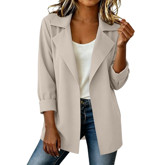 Zynoxe Womens Long Blazer Solid Color Lapel 3/4 Sleeves Suit Cardigan with Pockets Trendy Loose Fit Elegant Business Office Work Suit Jackets Beige S