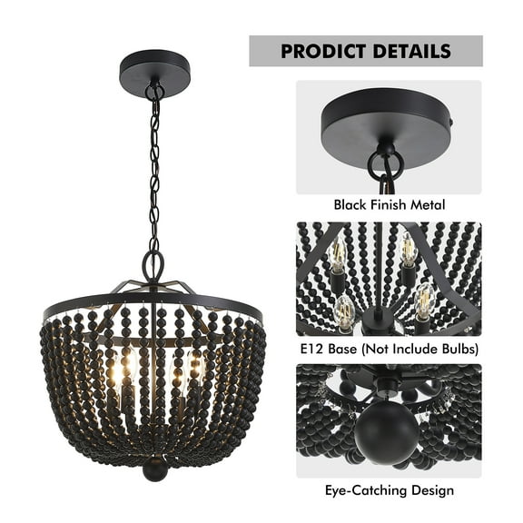 Vintage Metal Chandelier with Beaded Strings（Bulb Not Included）, 16.5inch Wide 4Light Ceiling Fixture for Dining Room & Bedroom, E27 Socket