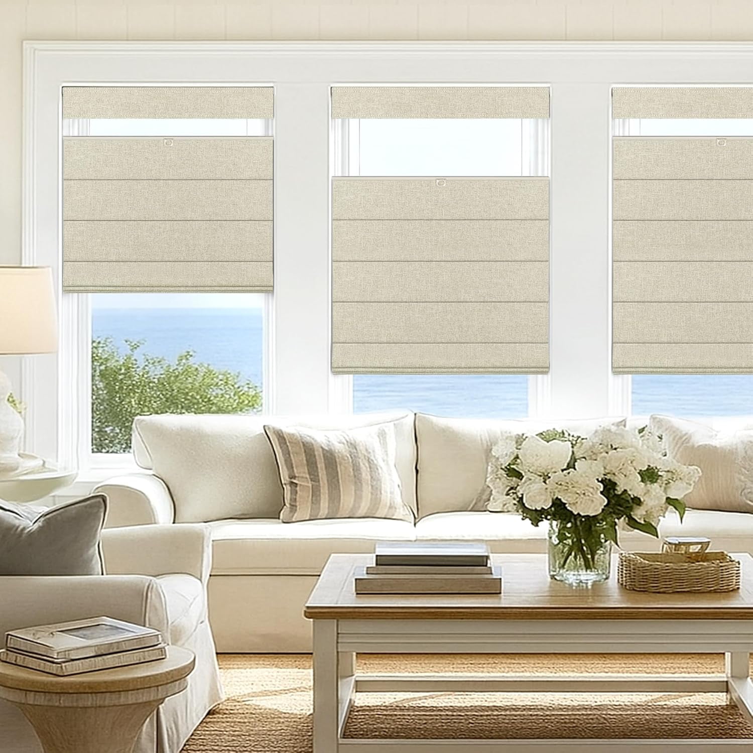 LazBlinds No Tools No Drill TDBU Cordless Roman Shades for Window, Thermal Insulated UV Blocking, 100% Blackout Fabric Blinds for Bedroom & Living Room, 31"W x 64"H, Blackout - Beige