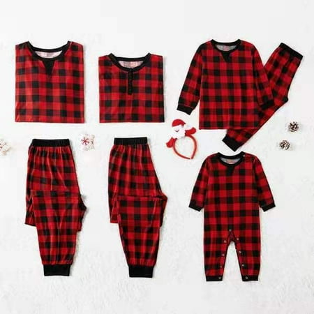 

Pudcoco Black and Red Plaid Christmas Parent-Child Suit Long Sleeve Family Pajamas Set Round Neck Loose Two-piece Family Matching Outfit