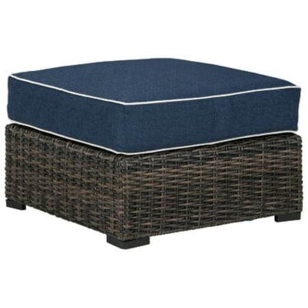 Signature Design by Ashley Grasson Lane Outdoor Patio Upholstered Ottoman with Wicker Base Blue