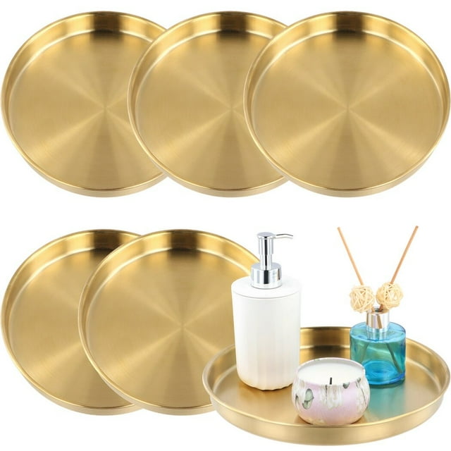 6 PCS Round Golden Serving Trays, 9.8 Inches Circle Golden Decorative Trays, Stainless Steel Coffee Table Tray, Vanity Jewelry Makeup Organizer, Countertop Tray for Bathrooms, Cafes, Restaurants