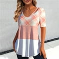 thumbnail image 2 of Wycnly Womens Shirts V-Neck Short Sleeve Color Patchwork Summer Cute Tops Sexy Hollowed Lightweight Pleated Swing Tunic Blouses Pink s Clearance Clothes, 2 of 7