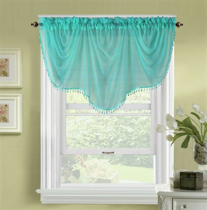 ELEGANCE BONITA 1PC SHEER VOILE WITH DOUBLE ASCOT VALANCE TURQUOISE SOLID COLOR SEE THRU VALANCE