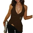 thumbnail image 3 of Halter Tops for Women V Neck Tie Halter Backless Top Sleeveless Wrap Top Ruffle Asymmetrical Halter Tops Brown S, 3 of 9