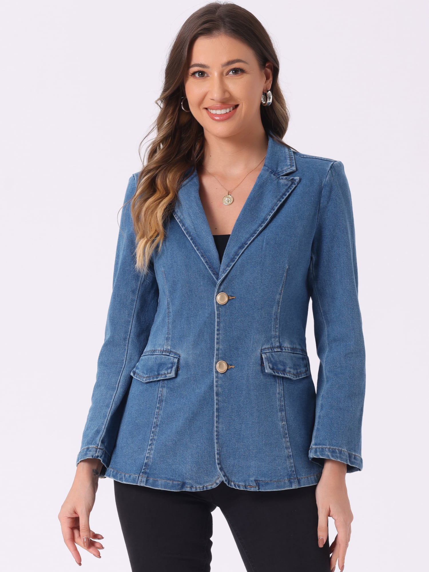 DARING DIVA Women's Notched Lapel Denim Blazer Work Pad Jean Jackets S Light Blue