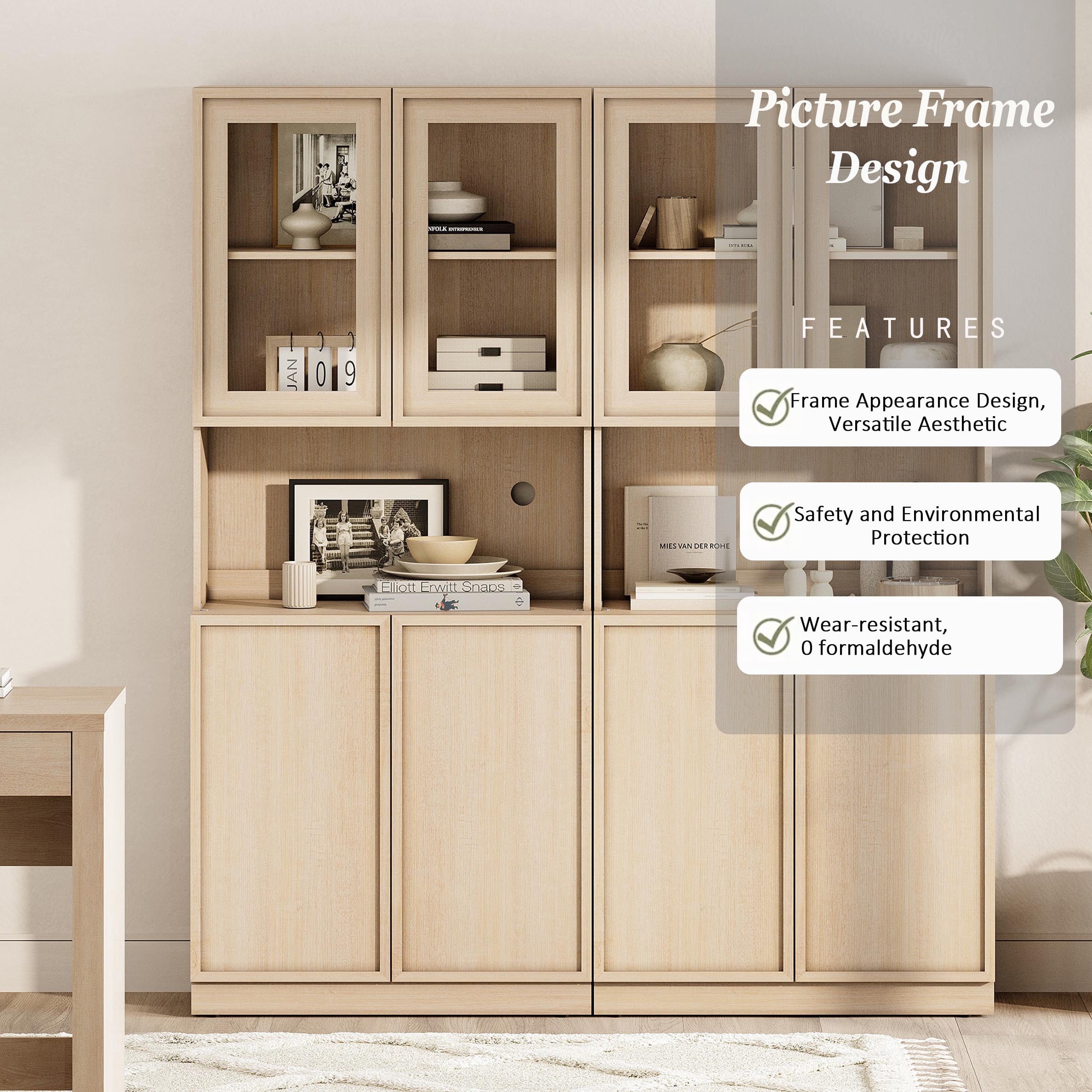 Modern 72" Tall Bookshelf with Glass Doors & Adjustable Shelves, Wood Bookcase with Closed Storage Cabinet,Beige
