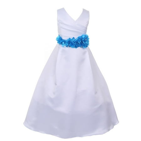 Girls White Turquoise Flower Sash Full Bridal Junior Bridesmaid Dress 10