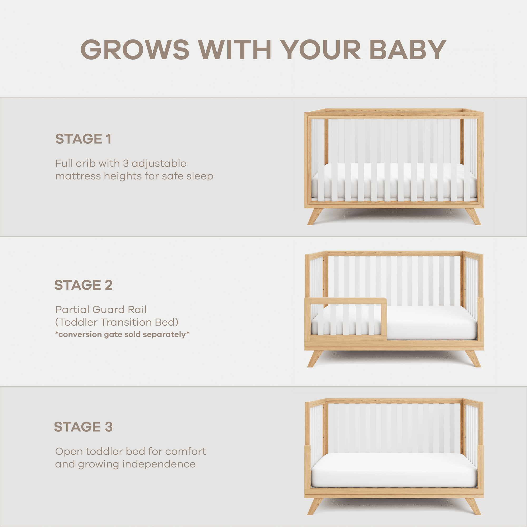 Comfy Cubs Crib Conversion Kit – Toddler Bed Guard Rail,&nbsp; White Bars and Natural Wood Frame and Legs