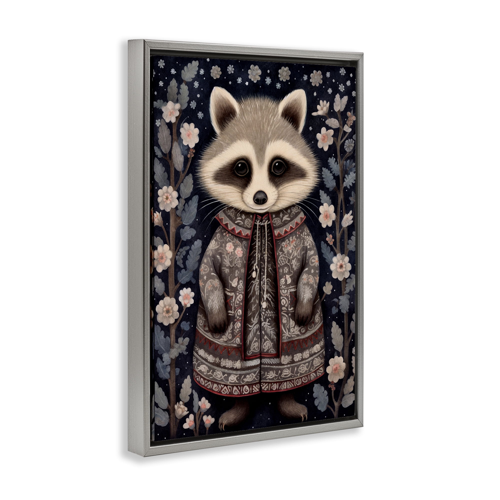 Stupell Industries Woodland Pattern Raccoon Animals & Insects Painting Gray Floater Framed Art Print Wall Art, 21 x 31